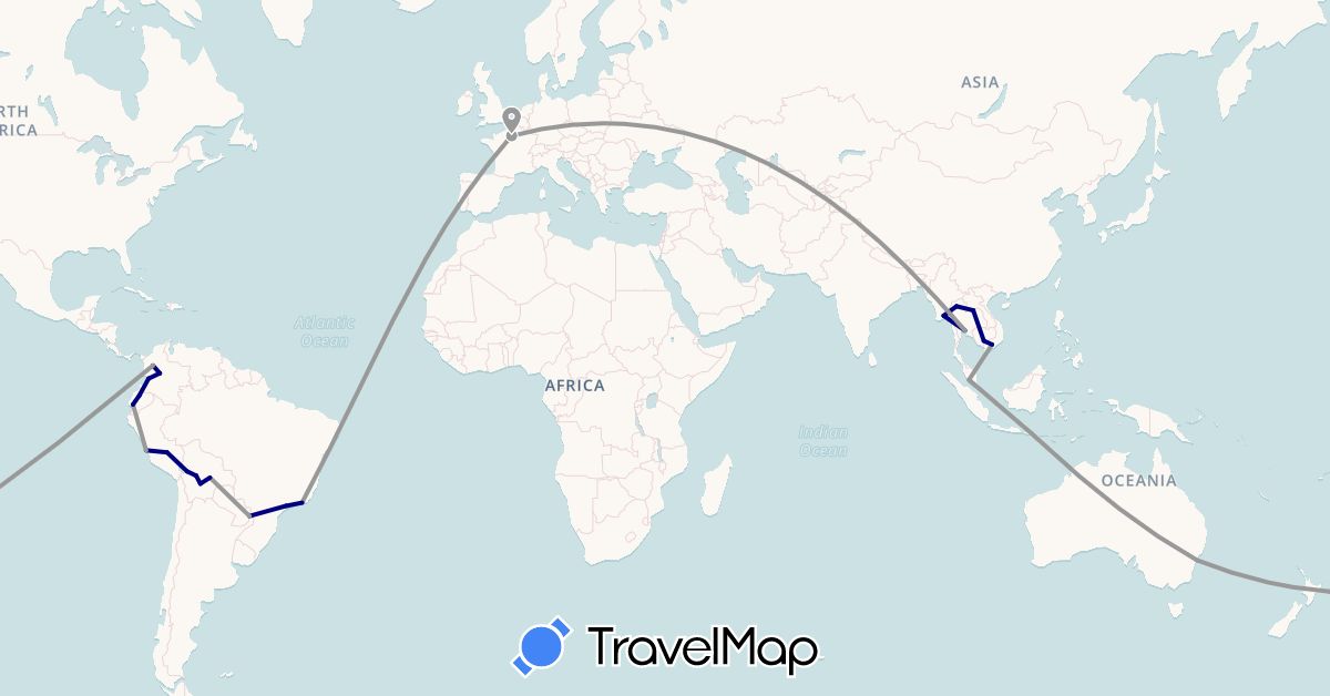 TravelMap itinerary: driving, plane in Australia, Bolivia, Brazil, Colombia, Ecuador, France, Indonesia, Cambodia, Laos, Myanmar (Burma), Malaysia, Peru, Thailand, Vietnam (Asia, Europe, Oceania, South America)