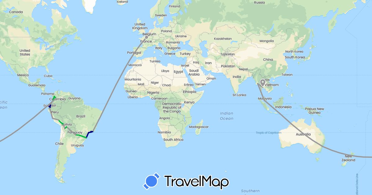 TravelMap itinerary: driving, bus, plane in Australia, Bolivia, Brazil, Colombia, Ecuador, France, Indonesia, Myanmar (Burma), Malaysia, Peru, Paraguay, Thailand (Asia, Europe, Oceania, South America)
